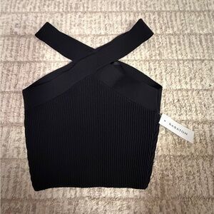 Aritzia Babaton cris cross neck sculpt knit Black Crop Top BNWT